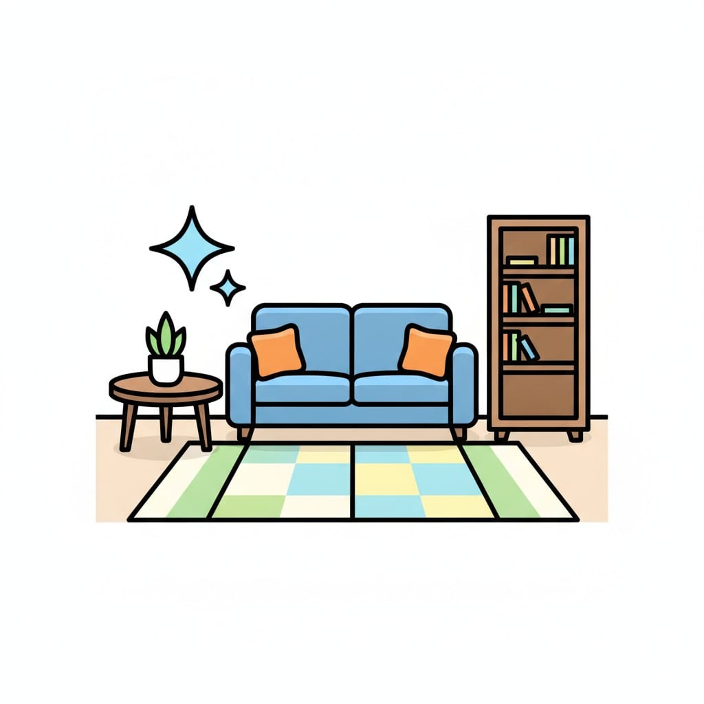 Een opgeruimde woonkamer met een blauwe bank en oranje kussens, een tafeltje met een plant, een boekenkast en een geruit vloerkleed, met glinsteringen in de lucht.