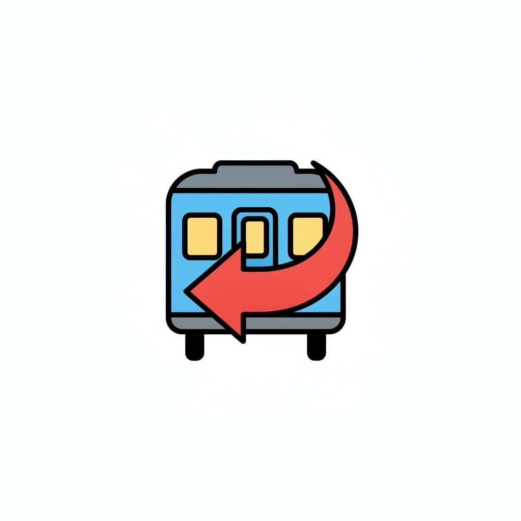 Een blauwe trein met een rode pijl die terug wijst.