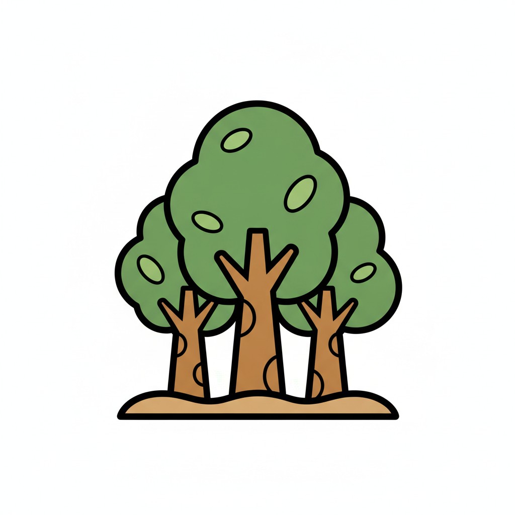 Three leafy trees with green crowns standing together.
