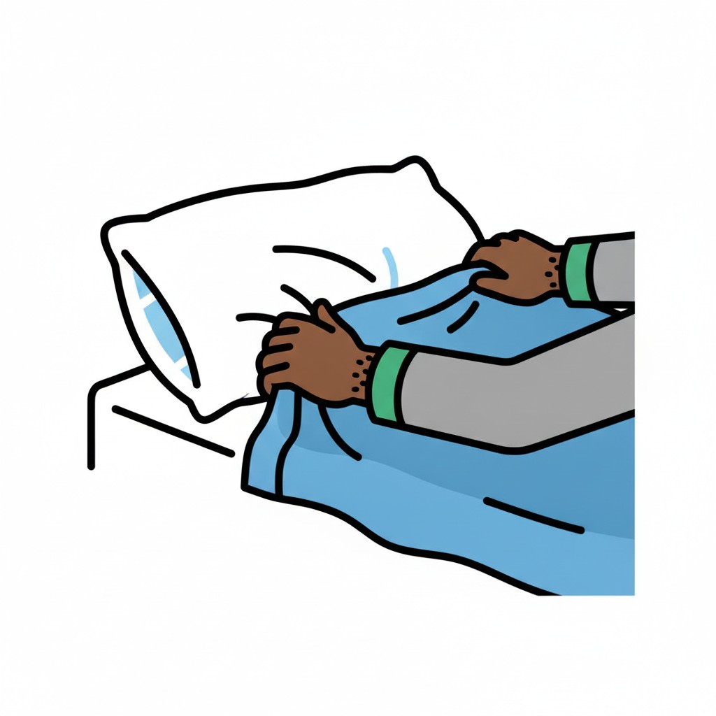 Two hands fold a blue duvet into place beside a white pillow.