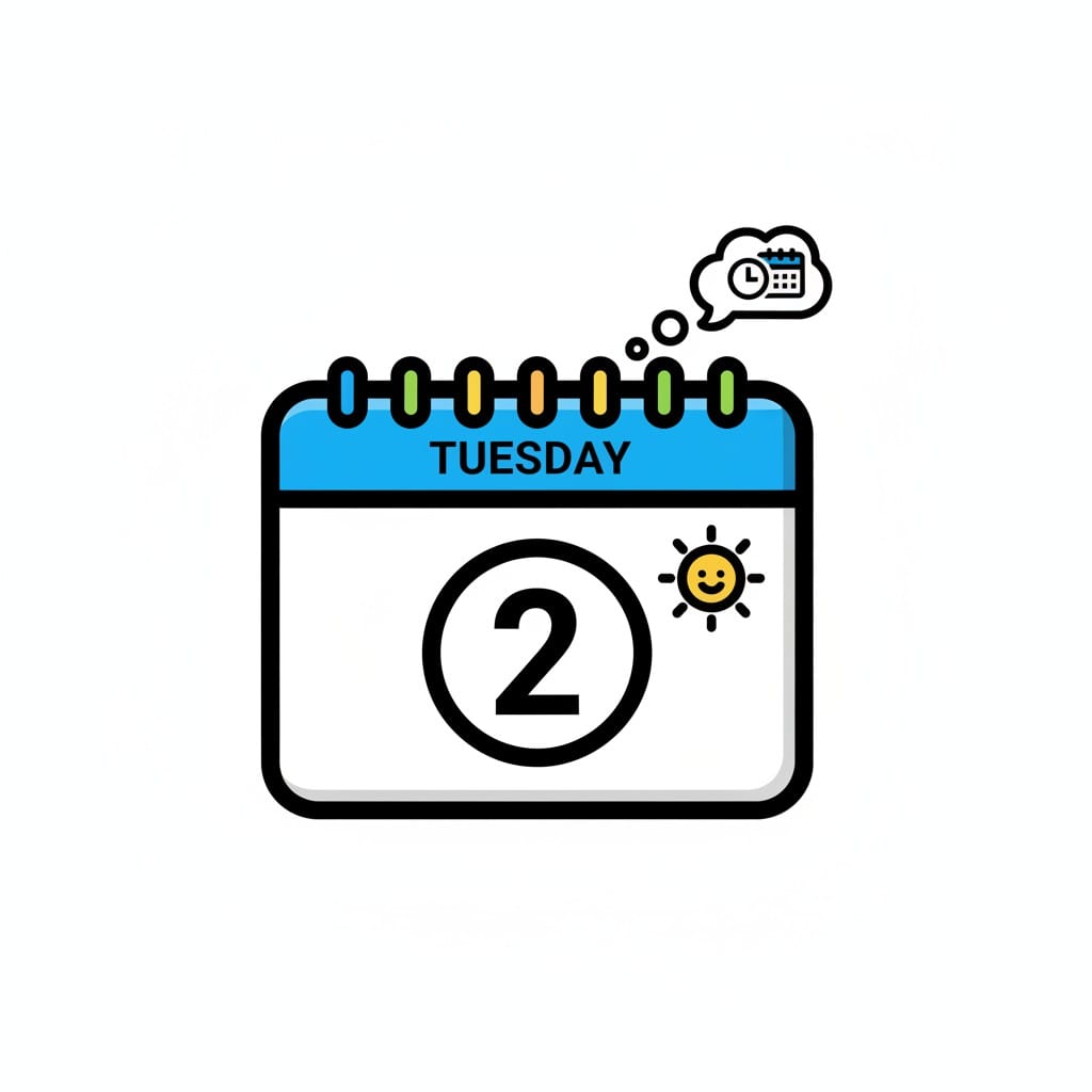 A calendar headed Tuesday shows a circled 2, a smiling sun and a thought bubble with a clock.