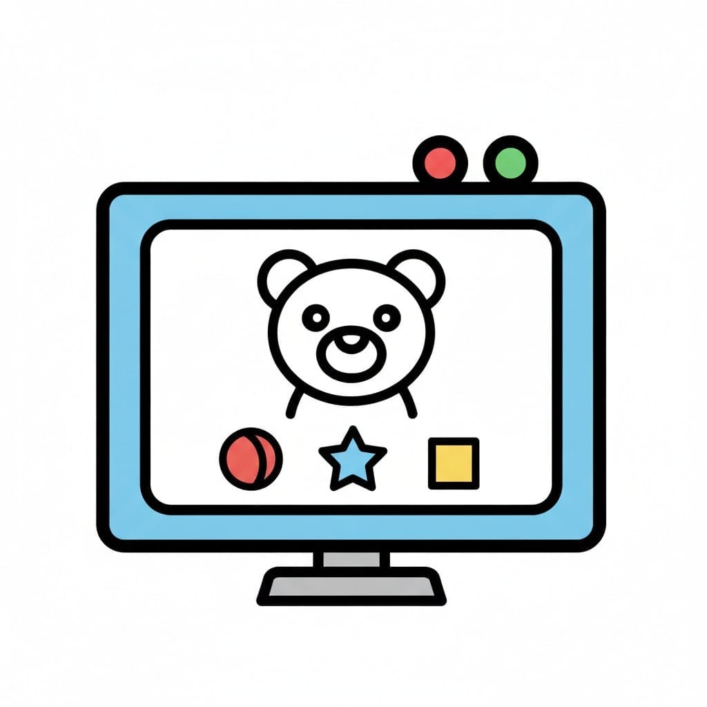 Een televisiescherm toont een teddybeer, een bal en een ster.