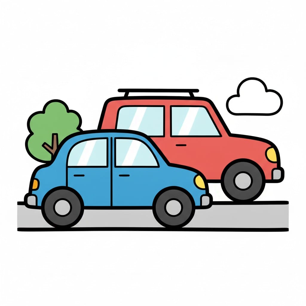 Een blauwe en een rode auto op de weg.