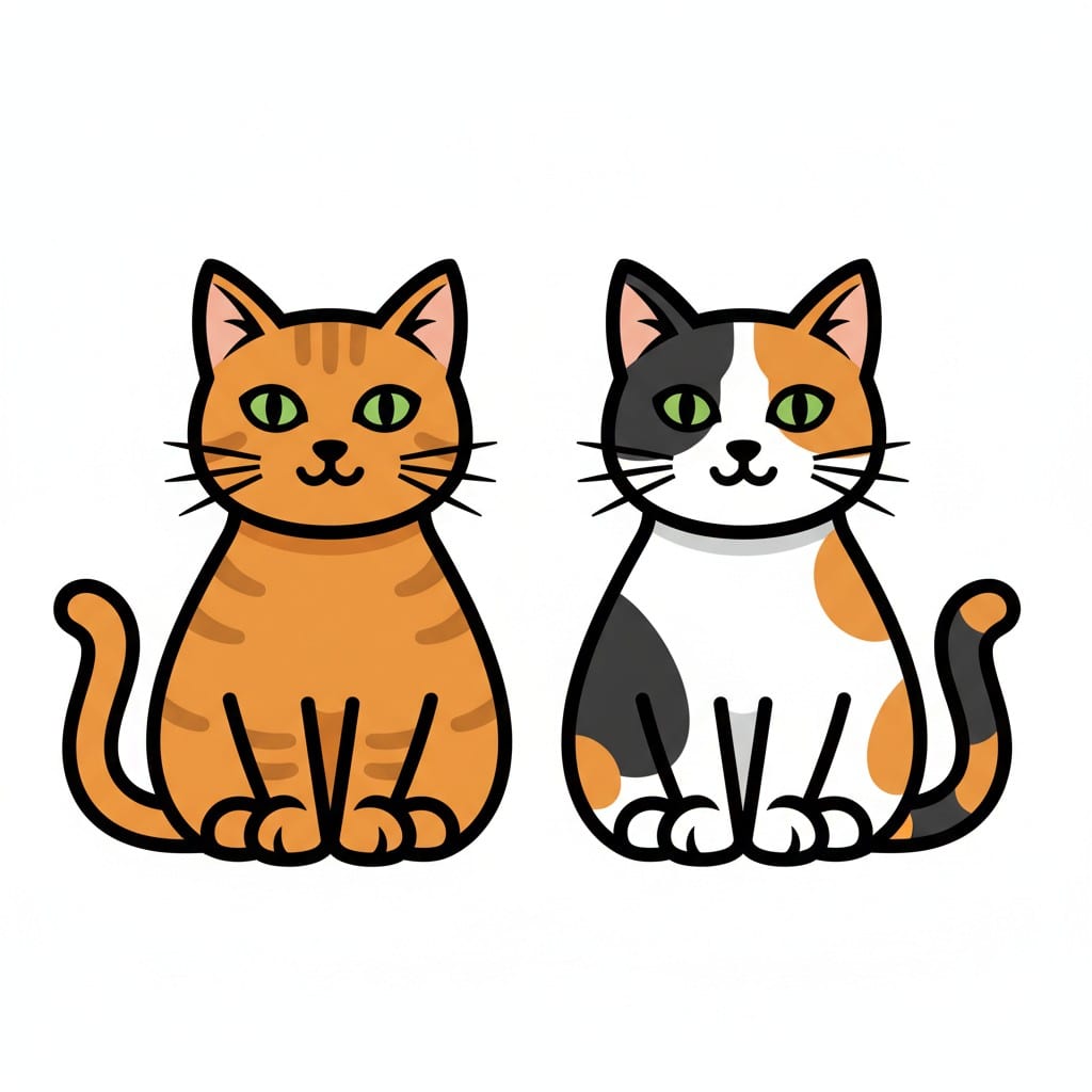 Een oranje cyperse kat en een lapjeskat zitten naast elkaar.