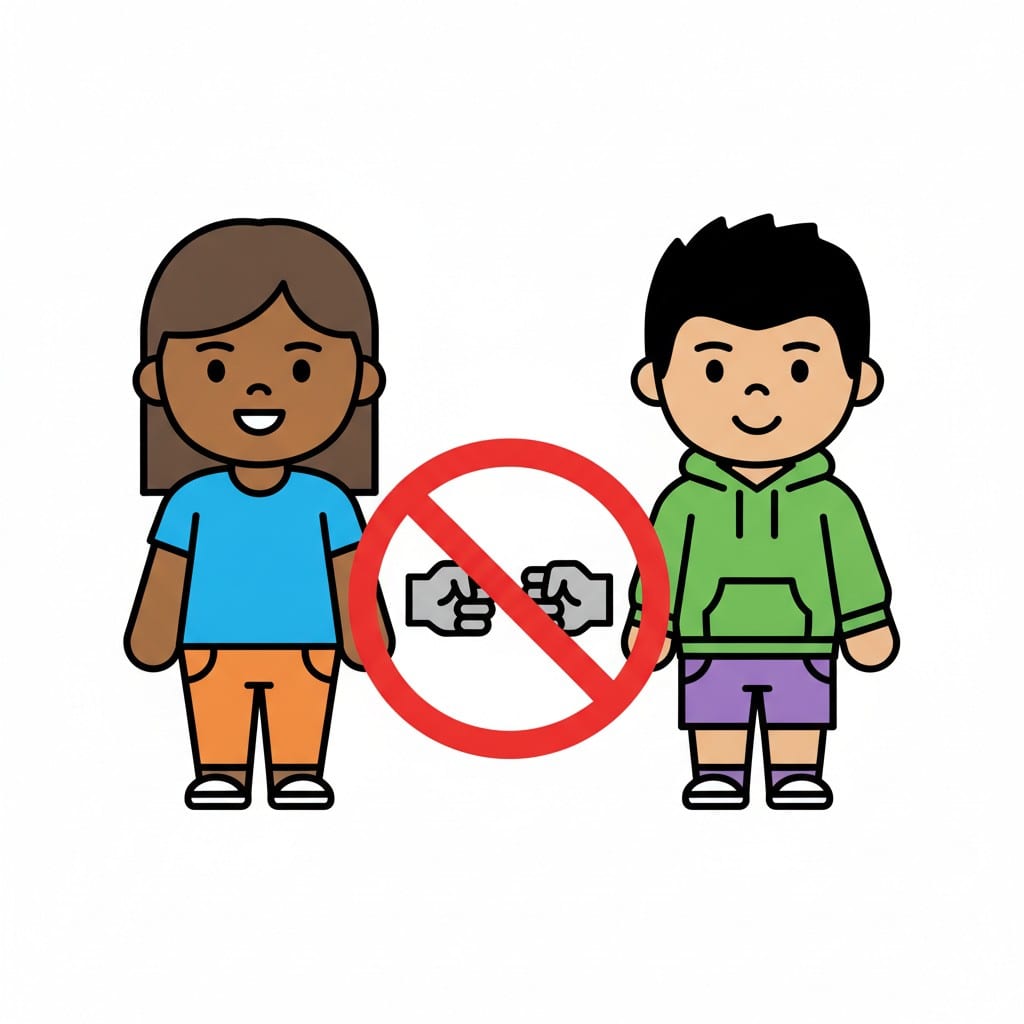 Two smiling children stand side by side with a red prohibition circle between them covering two clenched fists.