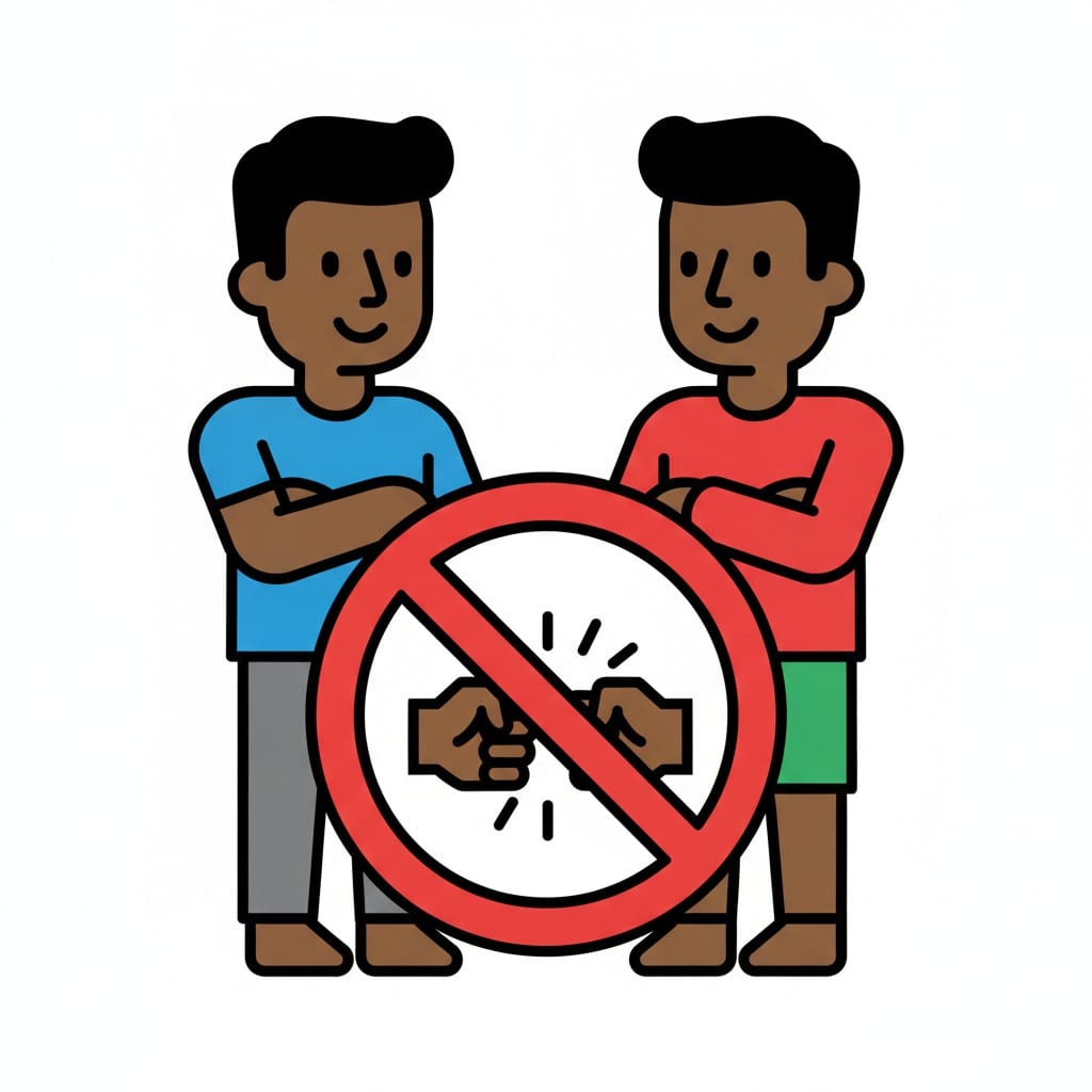 Two people with folded arms stand on either side of a red prohibition circle showing two clenched fists meeting.