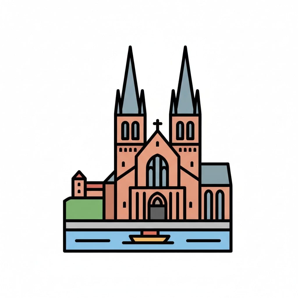 Tekening van een kathedraal met twee torenspitsen naast het water, die de stad Uppsala voorstelt.