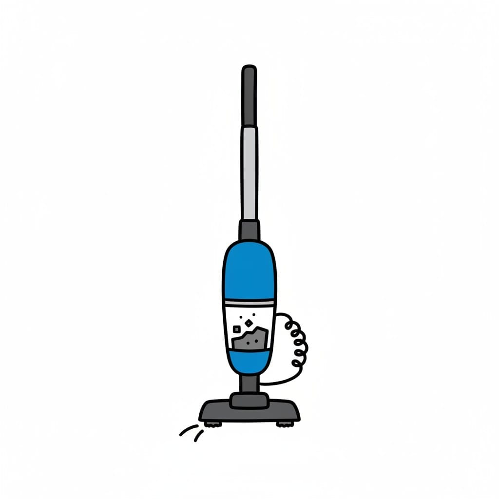 Een staande stofzuiger, blauw met grijs, met een doorzichtig stofreservoir en een opgerold snoer.