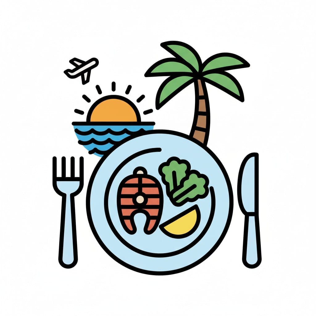 A plate of fish and vegetables with a palm tree and sunset over the sea in the background.