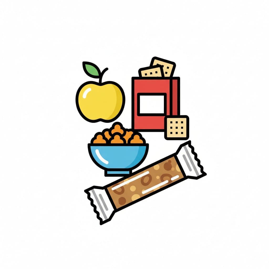 Een tekening met verschillende tussendoortjes, waaronder een appel, een schaaltje met kleine hapjes, een doos crackers en een mueslireep.