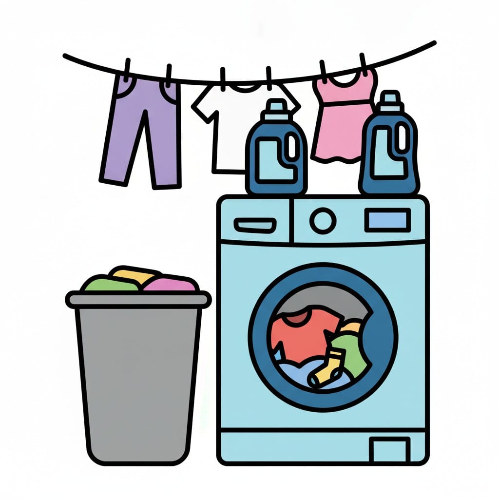 Een wasmachine vol kleren, flessen wasmiddel erop, een wasmand ernaast en kleren te drogen erboven.