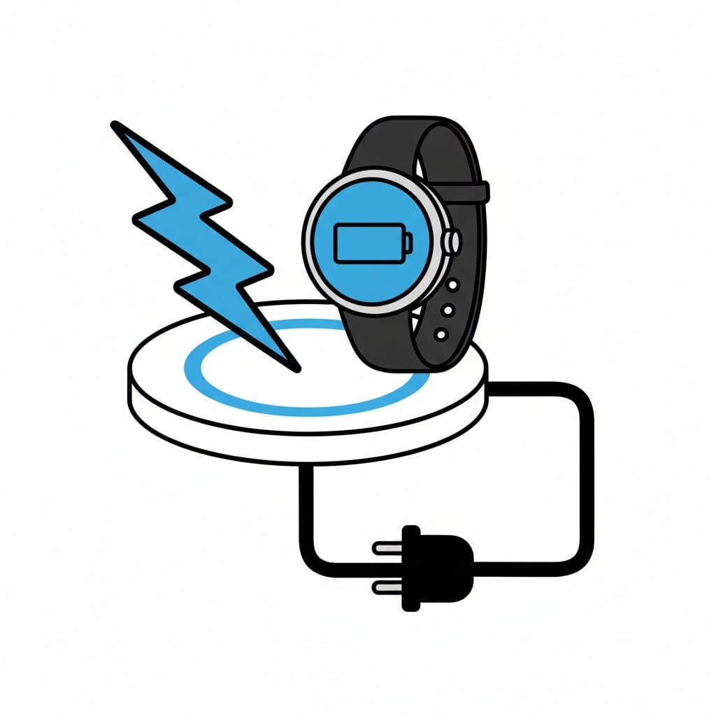 Een smartwatch die draadloos oplaadt op een laadmatje, naast een bliksemsymbool.