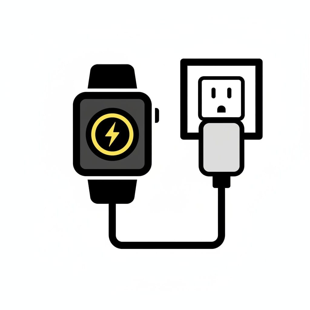 Een smartwatch die met een laadkabel aan een stopcontact hangt.
