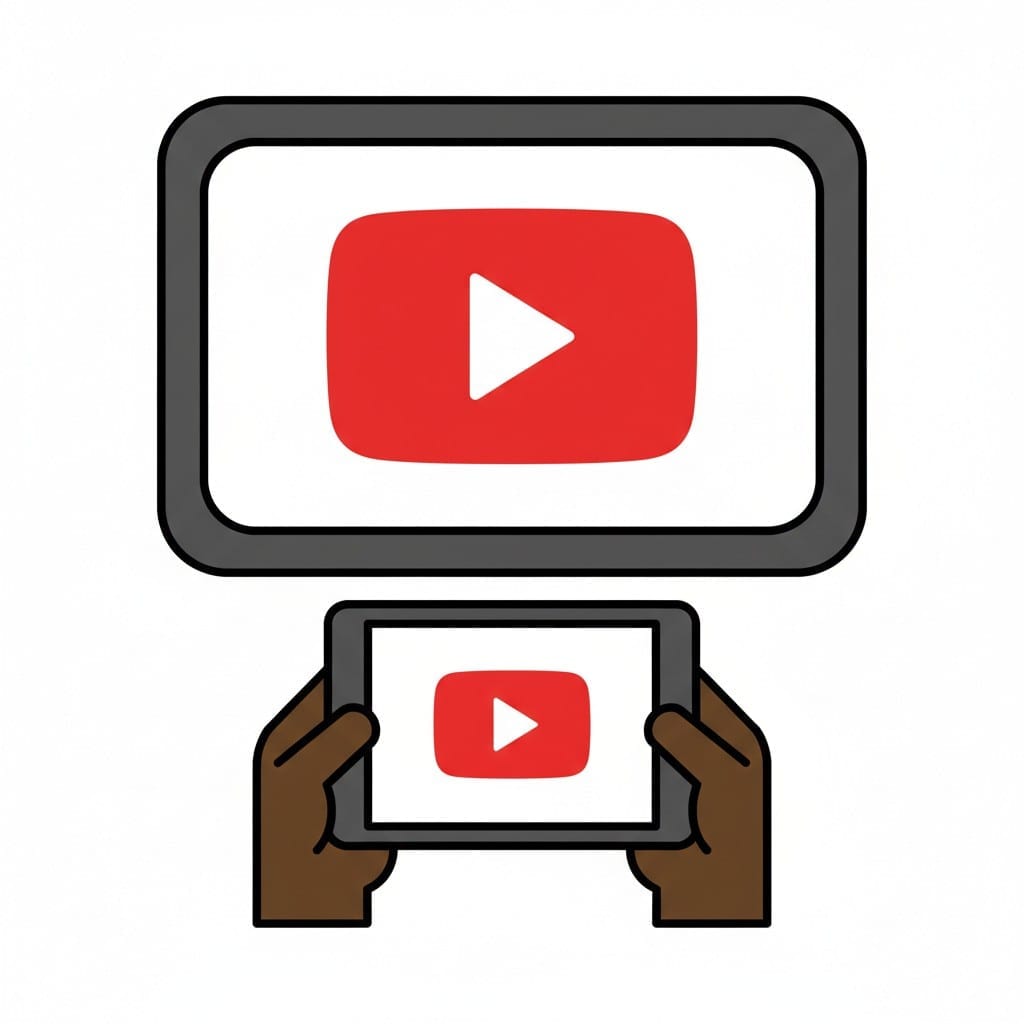 Een tekening met handen die een tablet met het YouTube-logo vasthouden, en een groter scherm erboven waarop ook het YouTube-logo te zien is.
