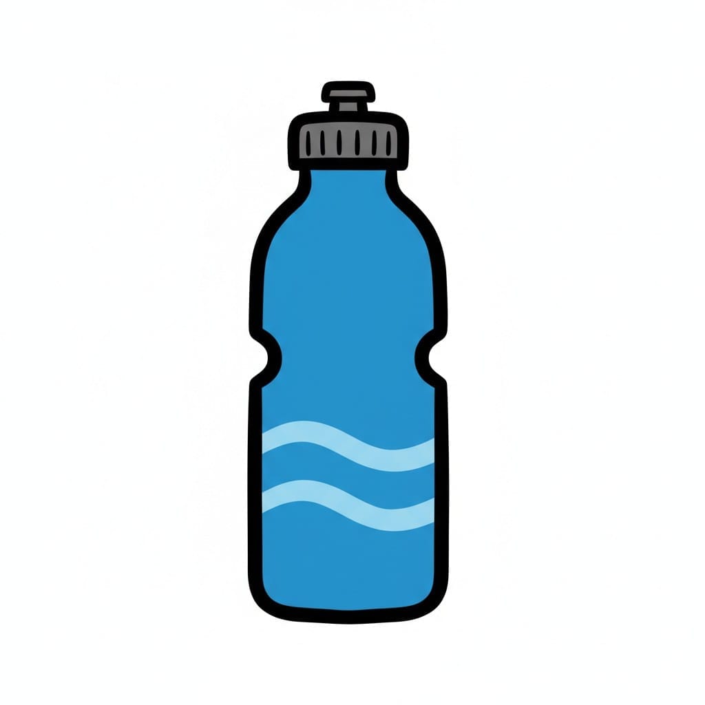 Een tekening van een blauwe drinkfles met golvende lijnen.