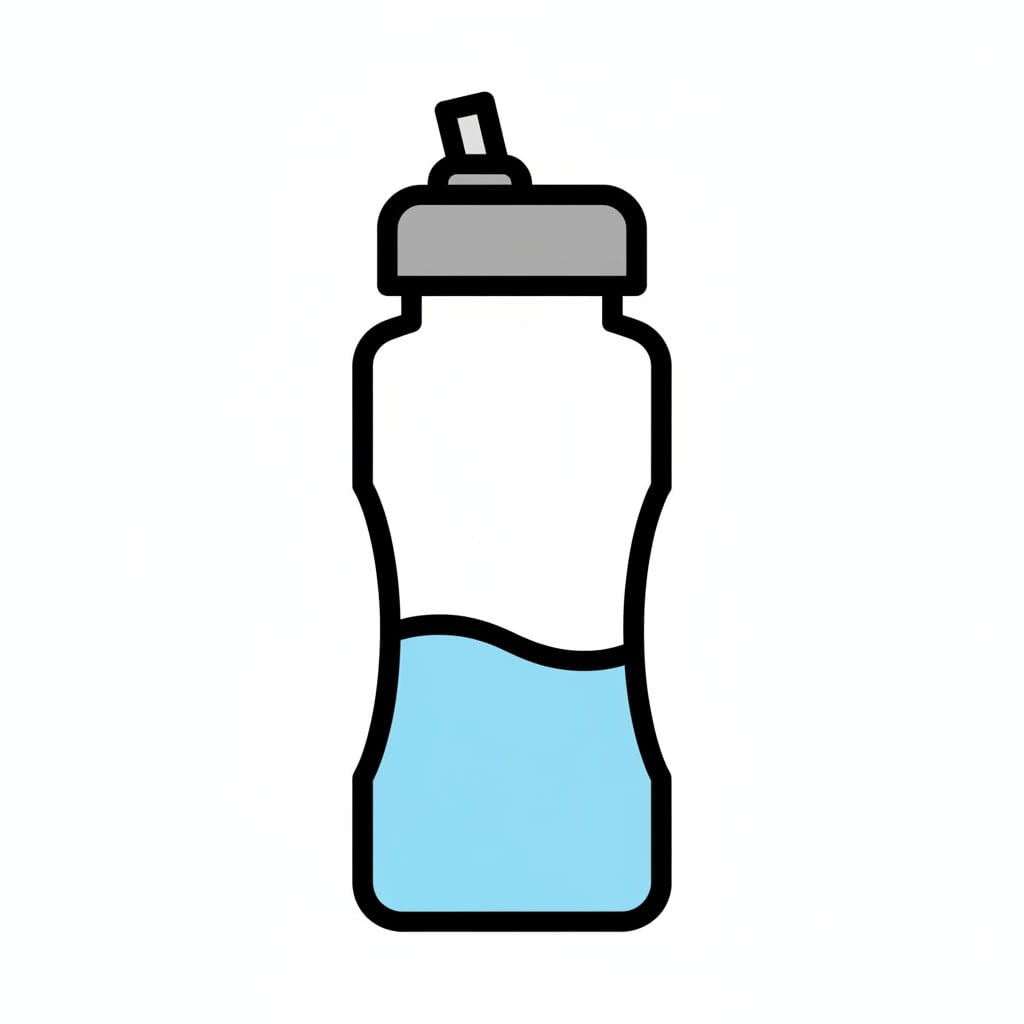 Een tekening van een doorzichtige drinkfles gevuld met blauw water.