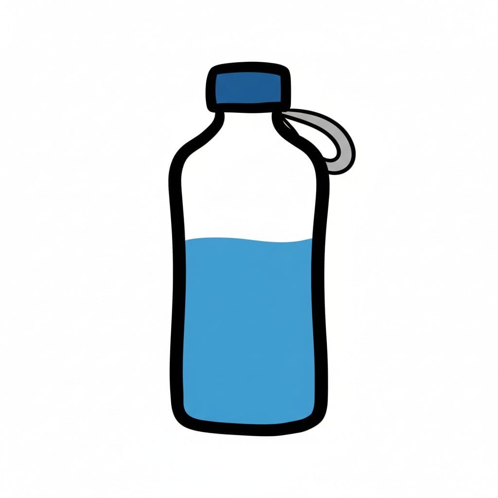 Een doorzichtige drinkfles met een blauwe dop en een draaglus, deels gevuld met blauw water.