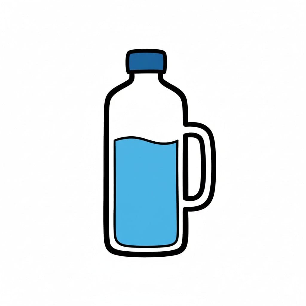 Een getekende drinkfles met een handvat, gevuld met blauwe vloeistof.