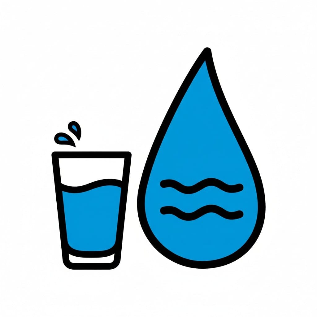 Een getekende afbeelding van een glas water naast een grote waterdruppel.