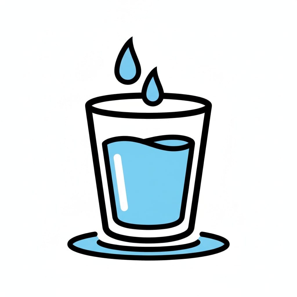 Een getekende afbeelding van een glas met water en twee waterdruppels die erin vallen.