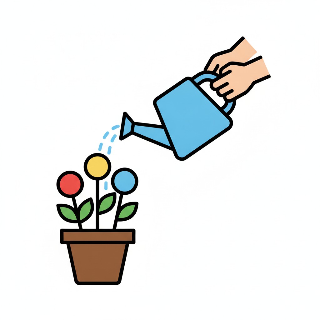 Een hand geeft een bloem in een pot water met een blauwe gieter.