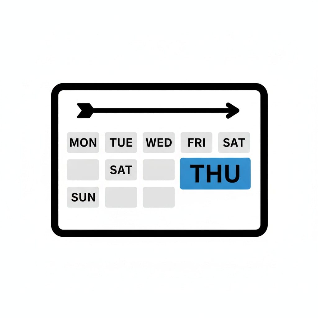 Een weekkalender met donderdag blauw gemarkeerd en een pijl over de bovenkant.