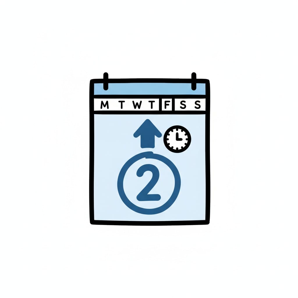 A blue calendar page shows the weekday letters with an arrow and a small clock above a circled number 2.