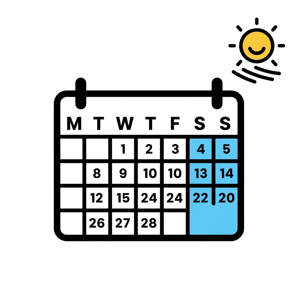 Een kalender met de weekenddagen blauw gemarkeerd.