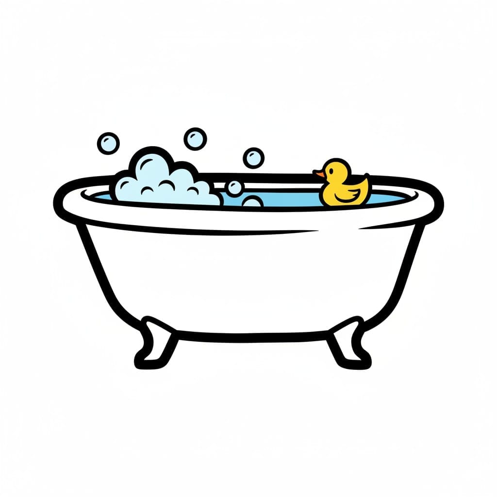 Een wit bad gevuld met water, schuim en een geel badeendje.