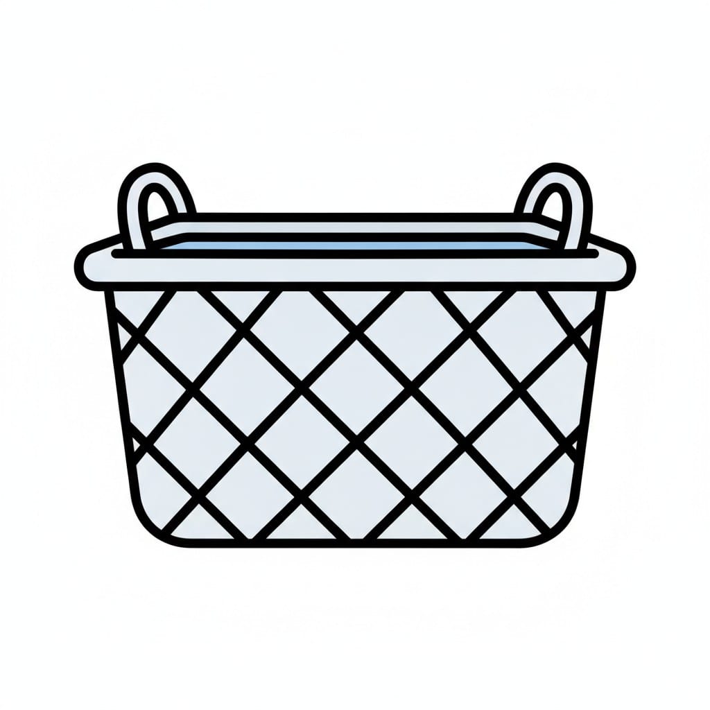Een lege witte wasmand met handvatten aan de zijkanten.