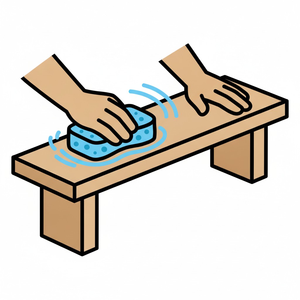 Twee handen nemen een houten bank af met een blauwe spons.