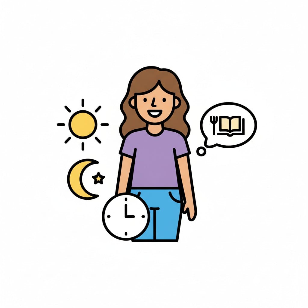 Eine Frau steht mit Sonne, Mond und Uhr und denkt an Essen und Lesen.