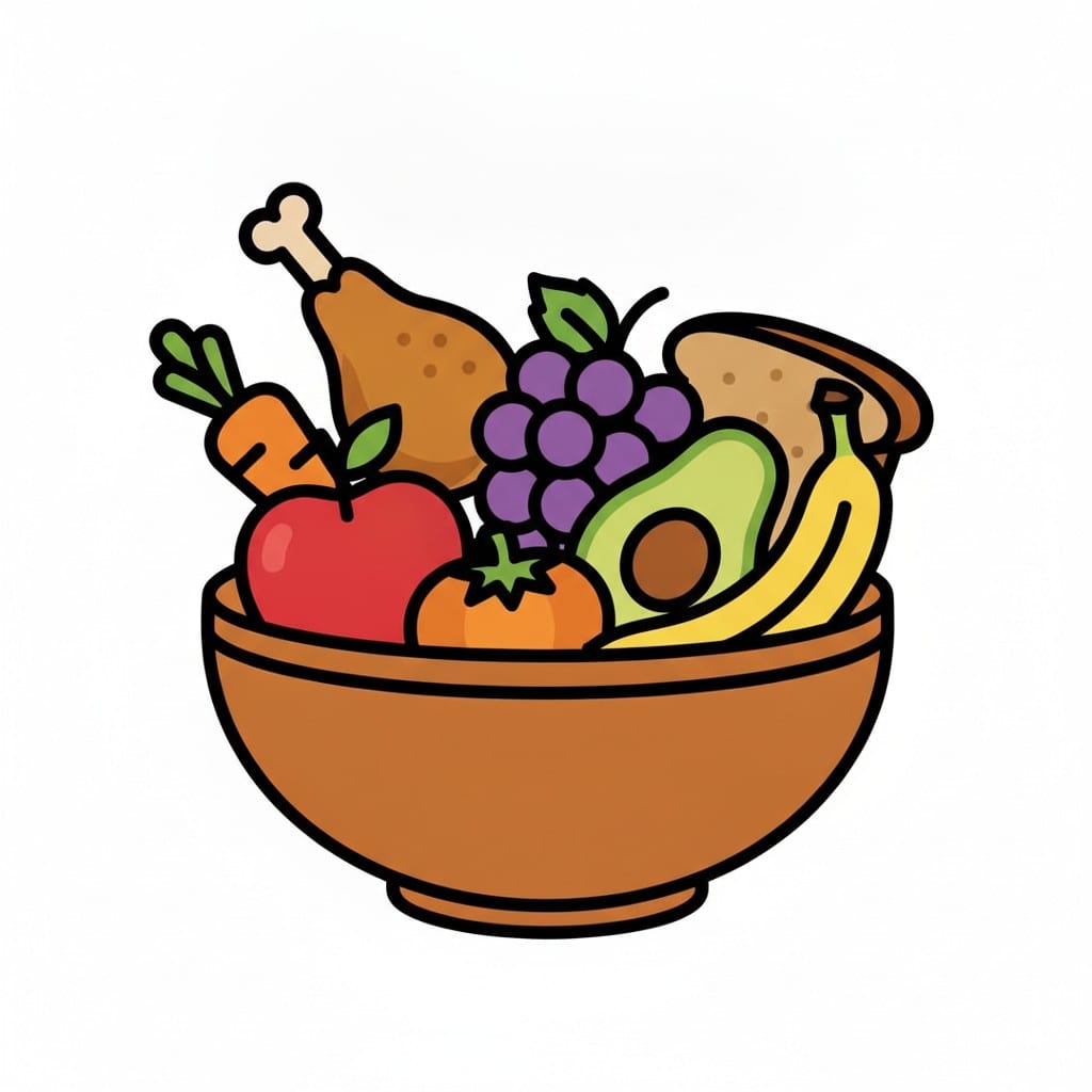 Een bruine kom gevuld met eten zoals een wortel, een appel, een tomaat, druiven, avocado, een banaan, brood en een kippenpoot.