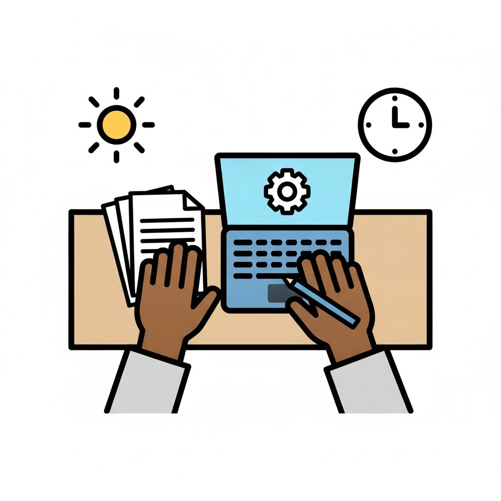 Twee handen werken aan een bureau met een laptop en papieren, met een zon en klok erboven.