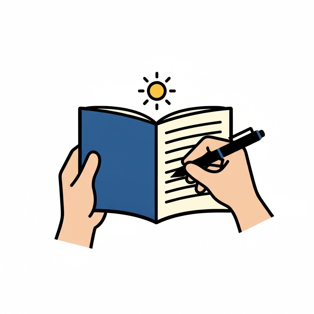 Twee handen schrijven met een pen in een opengeslagen dagboek met een zon erboven.
