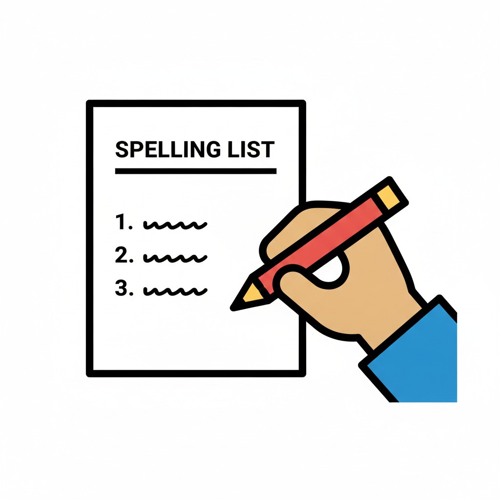 A hand writes with a pencil on a sheet with a numbered word list.