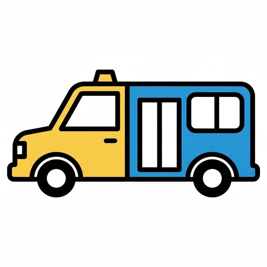 Een geel met blauw busje dat als taxibus wordt gebruikt.