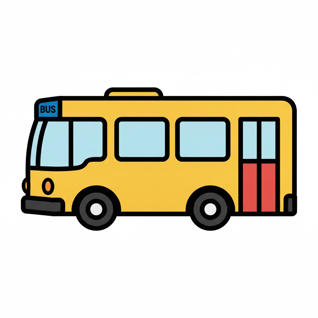 A yellow bus with red doors.