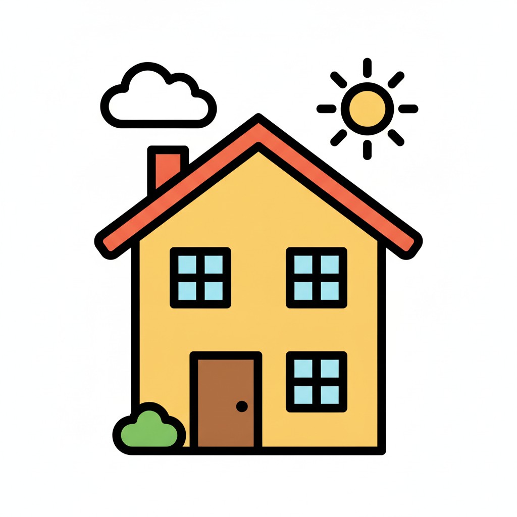 Een geel huis met een rood dak, een zon en een wolk erboven.