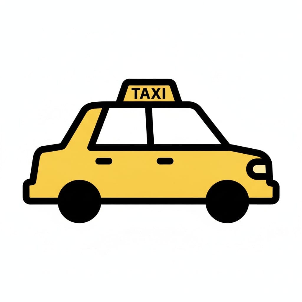 Een gele taxi van opzij gezien met een taxibordje op het dak.