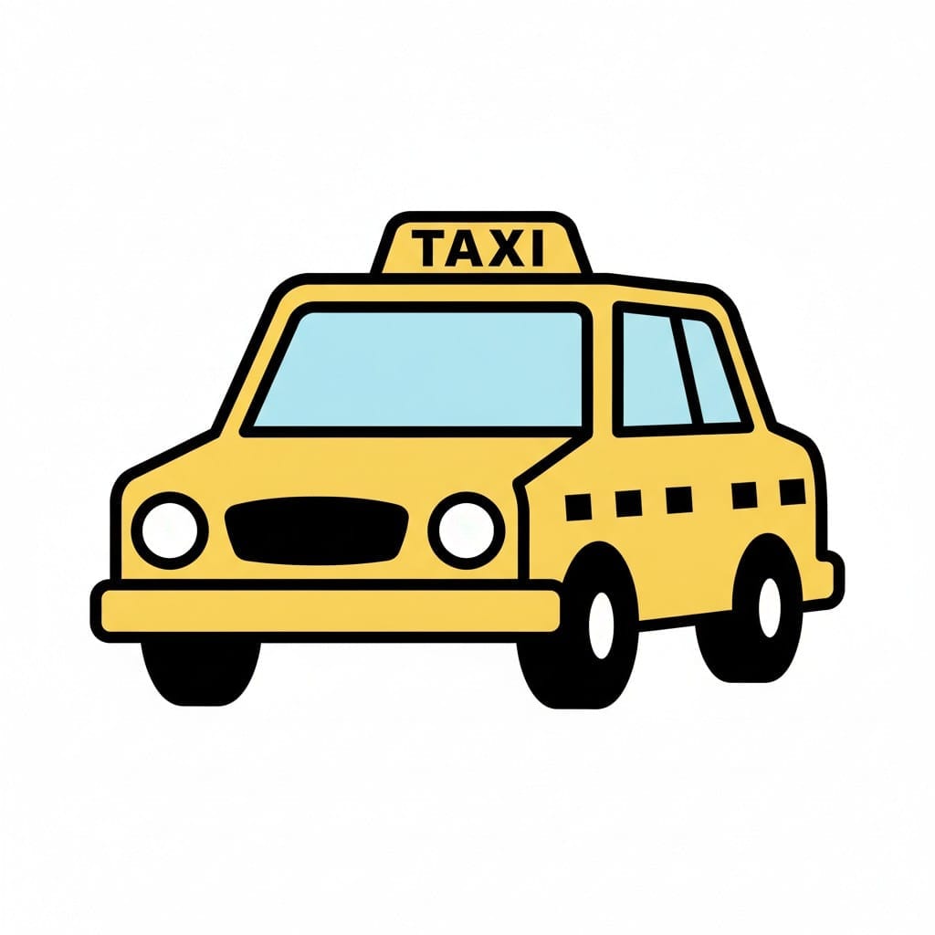 Een gele taxi met een taxibordje op het dak.